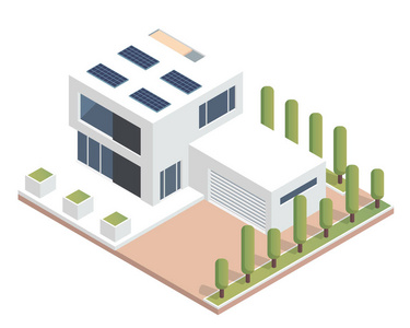 现代豪华等距绿色环保房子与太阳能电池板，适合图 图表 插图和其他图形相关资产