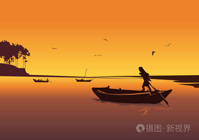 日落背景与河.划船人的剪影矢量