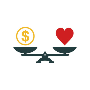 心和金钱缩放图标。矢量独立的颜色标志