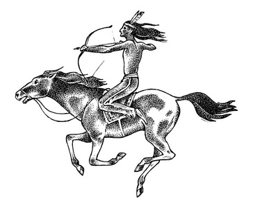 美国印第安人骑着长矛在手的马。传统的人。刻在旧素描手绘
