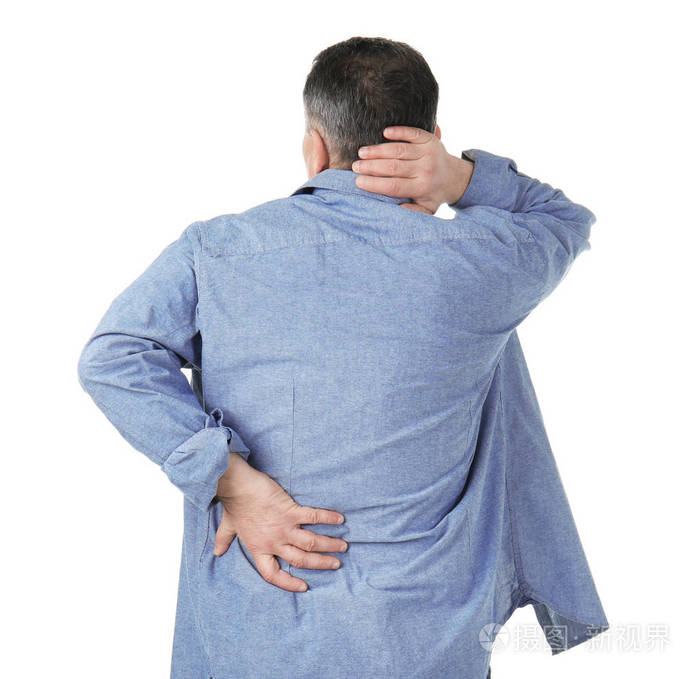 男性背部和颈部疼痛的白色背景