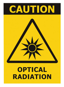 光学辐射危害注意安全危险警告文本标志贴标签, 人工光束图标符号, 孤立的黑色三角形黄色, 大微距特写