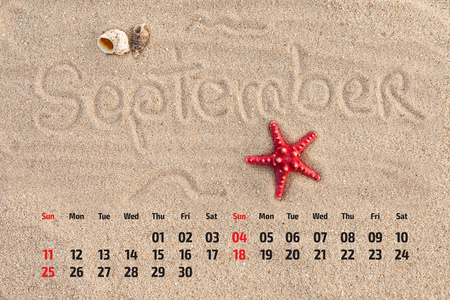 海星 贝壳在沙滩上的照片日历。Septem