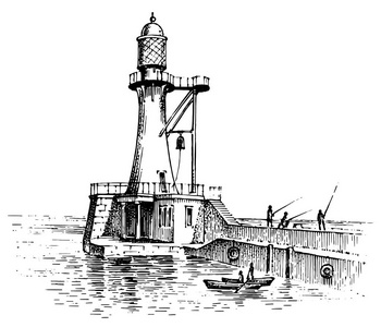 海景灯塔灯塔和大海.海洋素描, 航海旅行和海景.在海洋中照明.