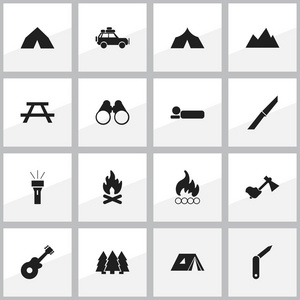 16 可编辑旅行图标集。包括桌子 望远镜 避难所等符号。可用于 Web 移动 Ui 和数据图表设计