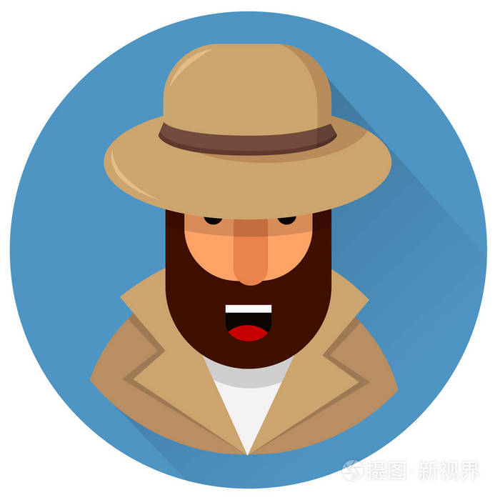 插画 在淡棕色的帽子和外套的私家侦探.留着胡须的几何特征.矢量图.