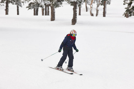 孩子们开始学习如何滑雪。冬季运动