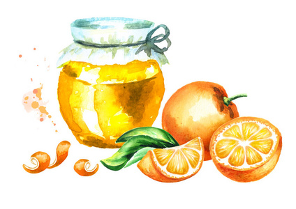 在白色背景上的橘色的橙味果酱玻璃罐.水彩手绘插画照片