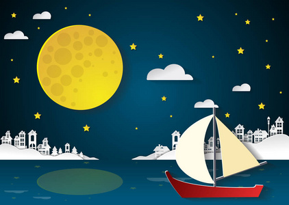 帆船在夜间与满月和 cityscapes.paper 铜
