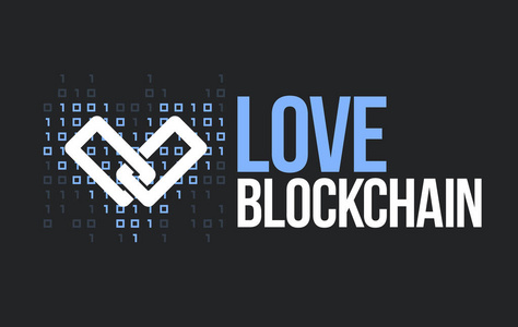 矢量概念插图为 blockchain 情人。用于 web 和打印的抽象模板。创意布局与题词我爱 blockchain