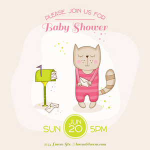 宝贝女孩猫带留言婴儿沐浴或到达卡向量中