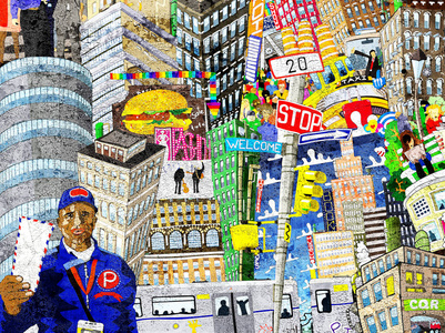 涂鸦, 城市, 一个大拼贴画的插图, 房子, 汽车和人