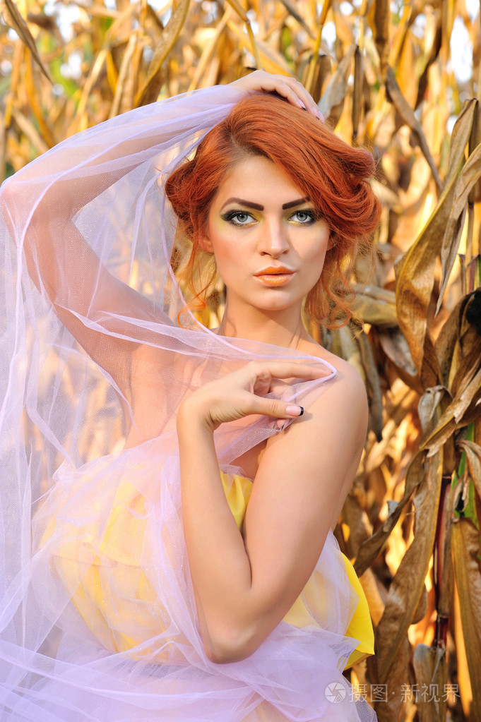 漂亮的红发女郎女人构成玉米秋天田野上