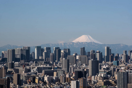 东京市中心大厦和东京塔地标与山富士, 日本