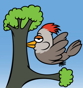 啄木鸟啄树卡通动物人物.矢量图照片