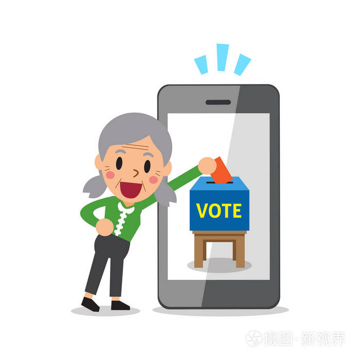 卡通高级女人把选票在智能手机