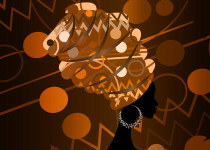 肖像美丽的非洲妇女在传统的头巾, 科特头裹着非洲, dashiki 印刷, 黑人非洲妇女矢量剪影与非裔骨耳环。非洲蜡染民族风情装