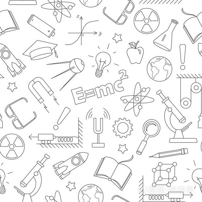 物理教育主题的无缝模式, 白色背景上的简单深色轮廓图标插画-正版