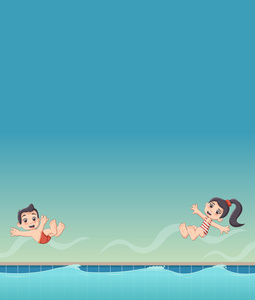 卡通儿童跳进游泳池