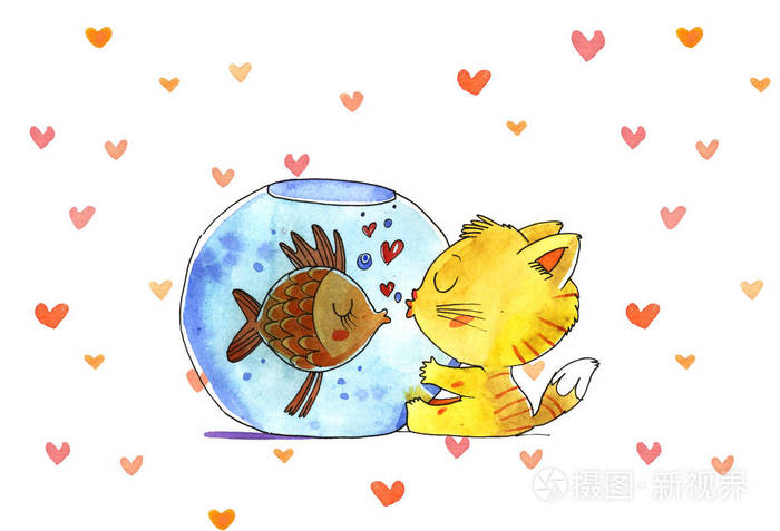 猫和鱼在水族馆水彩插图