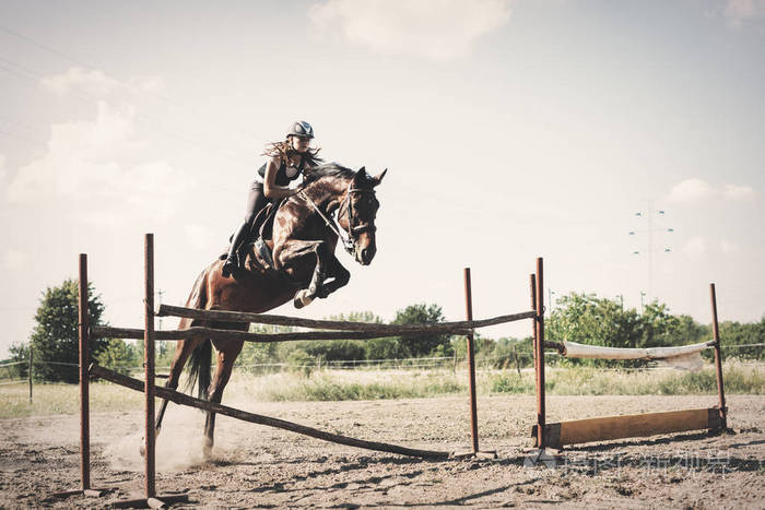 年轻女性对她的马跨越障碍赛马会