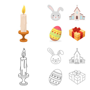 教堂, 蜡烛, 复活节兔子和彩绘鸡蛋。复活节集合图标在卡通, 轮廓风格矢量符号股票插画网站