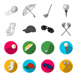 用球红帽太阳镜和两个俱乐部打高尔夫球的手套。高尔夫俱乐部集合图标单色, 平面式矢量符号股票插画网站