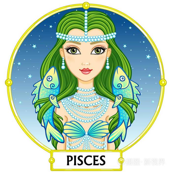 黄道十二宫双鱼座.梦幻般的公主,动画肖像.背景-帧,夜晚的星空.