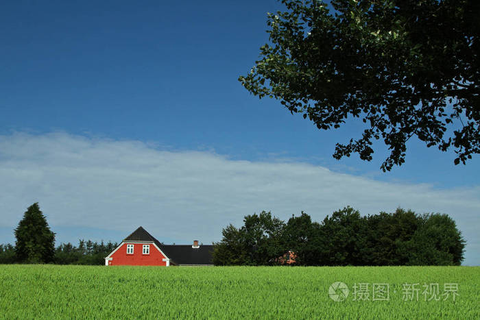 在绿色的田野附近那座红房子