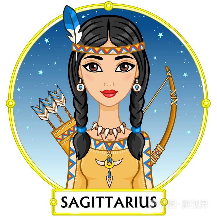 星座射手座.梦幻般的公主,动画肖像.背景-帧,夜晚的星空.