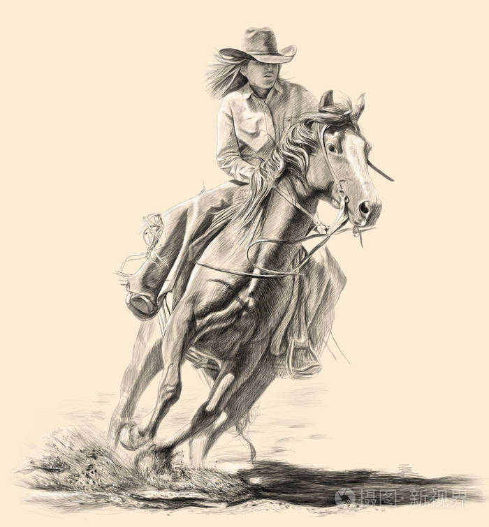 牛仔黑白铅笔画