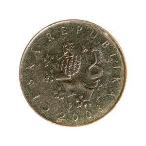 捷克克朗硬币一个孤立的白色背景。顶视图
