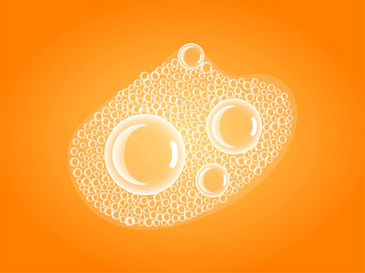 肥皂泡在浴缸或南部。向量。橙苏打水背景透明泡沫