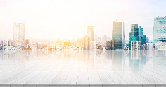 经营理念 — — 全景现代城市景观建设空中鸟瞰下日出和晨空大理石