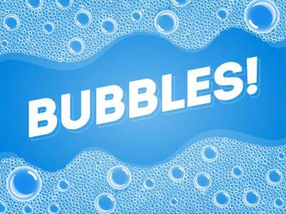 洗头肥皂泡在浴缸或南部。向量。透明泡沫在蓝色水背景下