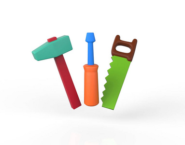 儿童游戏工具箱。在白色的锤子, 锯, 螺丝刀分离