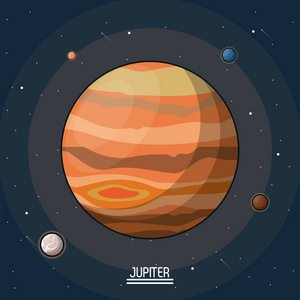 彩色海报的行星木星在空间周围的卫星照片