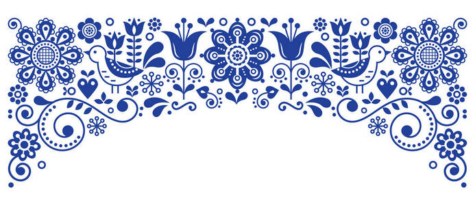 斯堪的纳维亚民俗艺术框架边框复古矢量贺卡设计, 花海军蓝色装饰品与 birs 和花