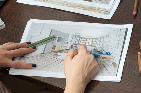 外形图为厨房设计设计, 一切用铅笔画。美丽的砖墙
