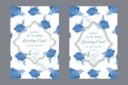 婚礼卡与优雅的蓝玫瑰。装饰的贺卡或邀请设计。矢量