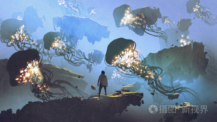 梦幻般的风景 一个人看着巨大的水母漂浮在天空 数字艺术风格 插图画照片 正版商用图片0gfa6s 摄图新视界
