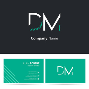 商标设计的 Dm 字母, 笔触样式字体, 名片模板的黑色和绿色的颜色