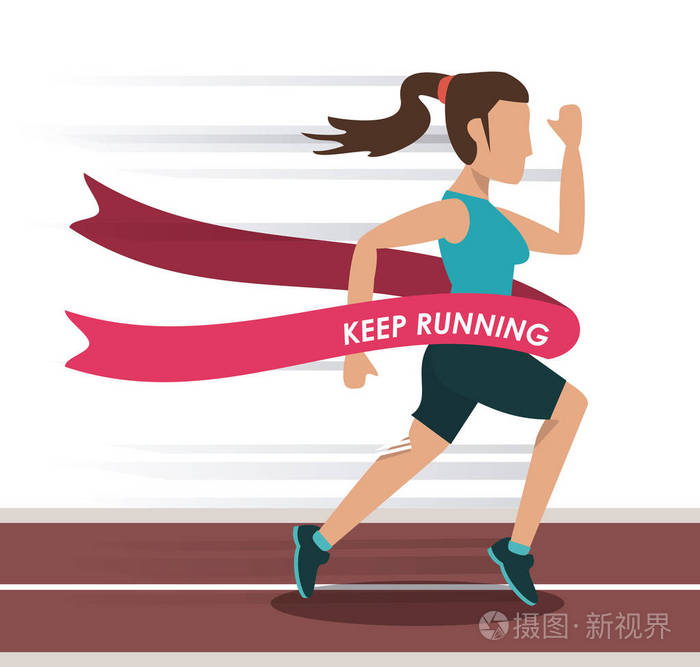 多彩的背景与女性运动员赛跑在轨道和横渡终点线