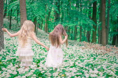 两个女孩在春天的森林里漫步