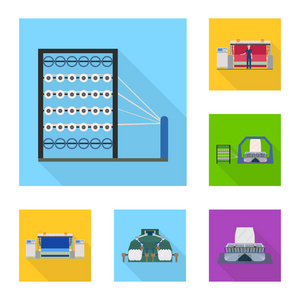 纺织行业平面图标集的设计。纺织设备和织物矢量符号股票网站插图