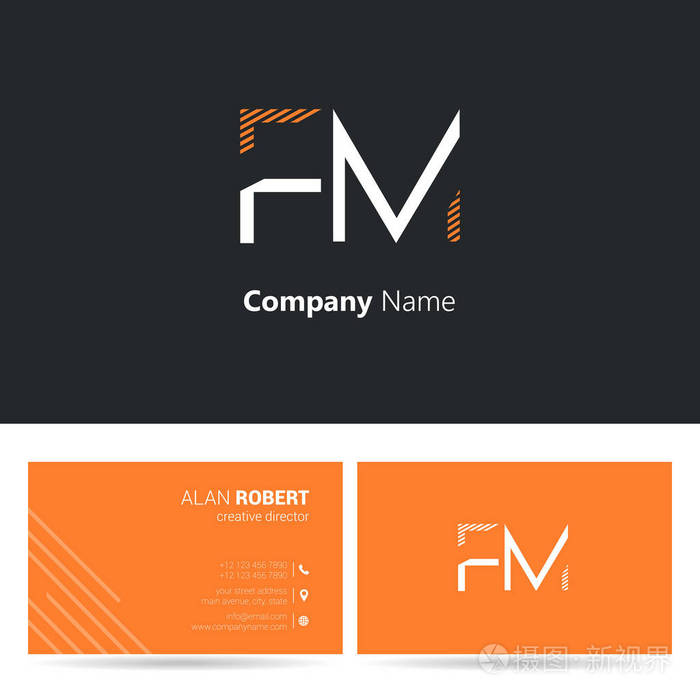 标志设计 Fm 字母, 笔触样式字体, 名片模板