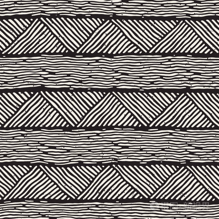 无缝的几何线条图案, 黑白相间.adstract 手工画复古纹理