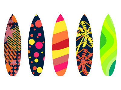 白色背景上的冲浪板。带图案的冲浪板的类型。热带, 棕榈树, 夏天的动机。矢量插图