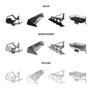 犁, 结合脱粒机, 拖车和其他农业设备。农业机械集合图标黑色, 单色, 轮廓样式矢量符号股票插画网站