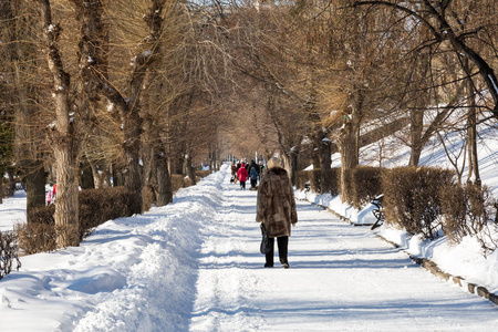 一个老妇人在公园里散步。冬日
